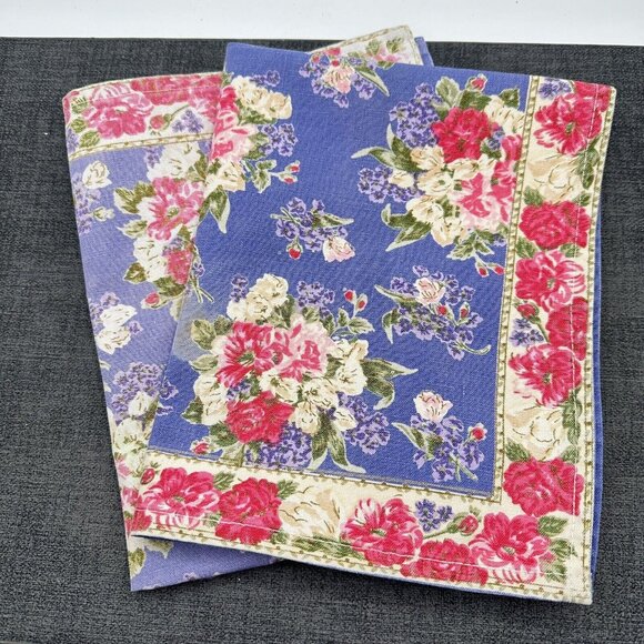 Vtg Cottage Rose Floral Placemats Set of 2 Cottage Core Blue Fabric 18×14.5 - Picture 1 of 16